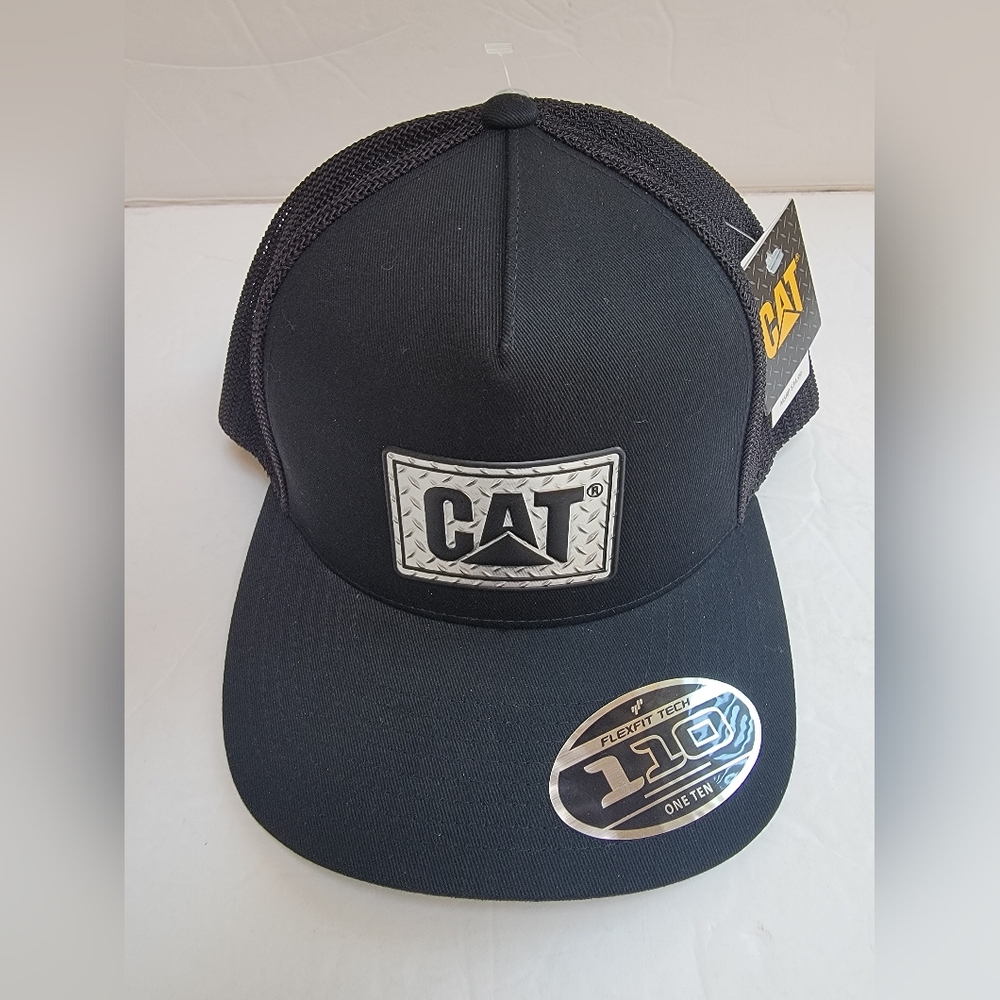 CAT Faux Diamond Plate Logo Black Mesh Trucket Hat Adjustable NWT